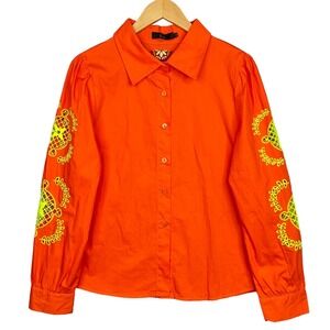 B&C Glamour Boutique NWT Orange Embroidered Cotton Puff Sleeve Blouse